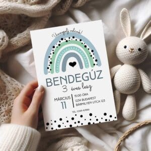 Szivárványos születésnapi meghívó kisfiúknak – személyre szabható