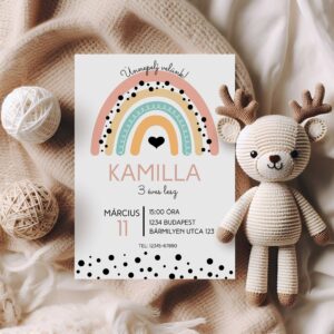 Szivárványos születésnapi meghívó lányoknak – személyre szabható