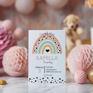Szivárványos születésnapi meghívó lányoknak – személyre szabható
